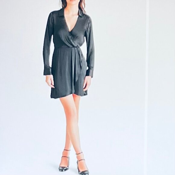 Steve Madden Washed Satin Faux Wrap Dress in black (L) New with Tag - Picture 2 of 13